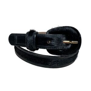 Tanner Black Calf Hair Leather Belt Womens Large Gold Buckle Pony Hair Luxury